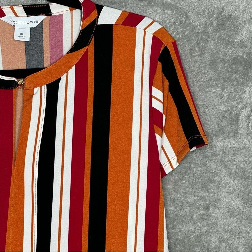 Liz Claiborne XL Shirt Top Rust Orange Striped Short Sleeve Scoop Neck Stretch - Picture 4 of 7